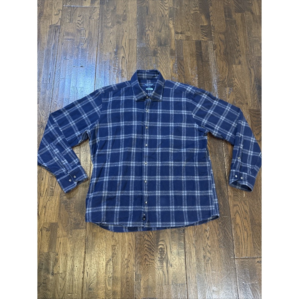 Peter Millar Crown Crafted Japanese Flannel Shirt Men’s XL Blue Gray Plaid EUC